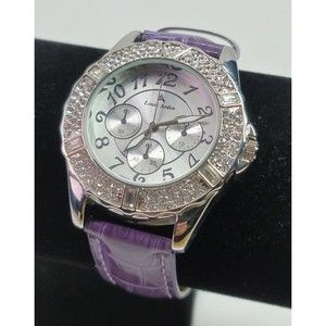 Louis Arden LA7258 Wrist Watch Purple Leather Band Crystal Bezel Japan Works!